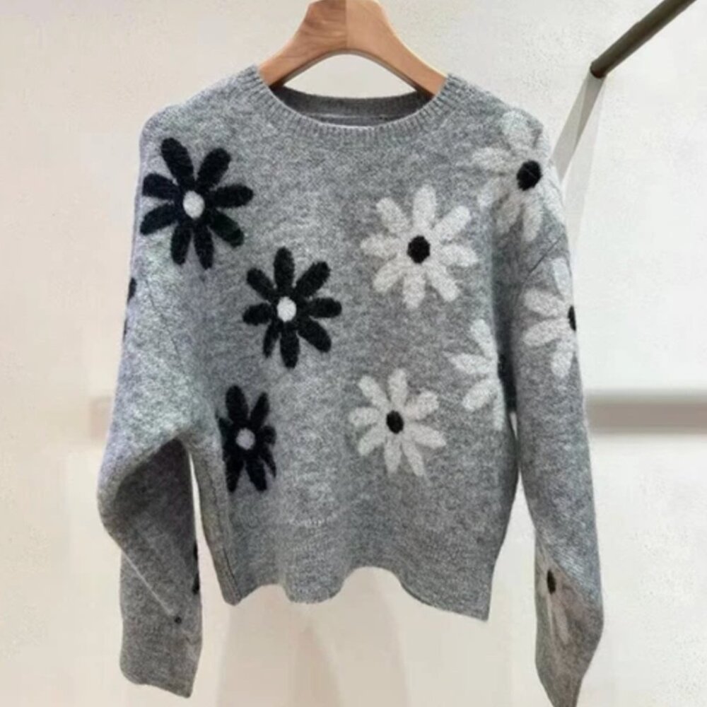 Sandro Gray Floral Crew Neck Sweater